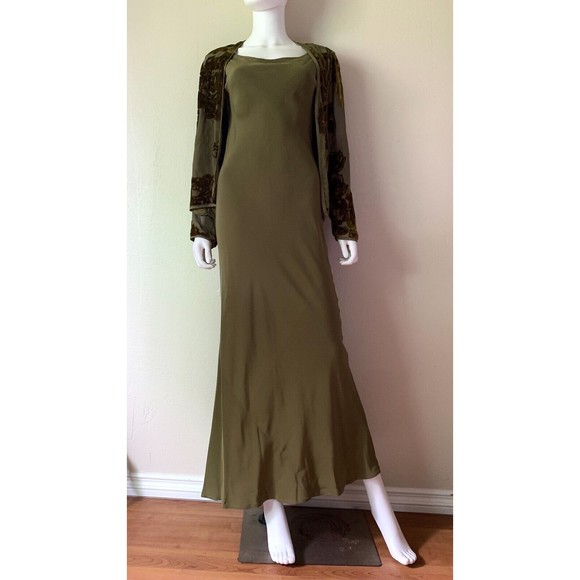 Citron Santa Monica Olive Green 2 Piece Set S Maxi Dress Velvet Burnout Jacket - Picture 1 of 13